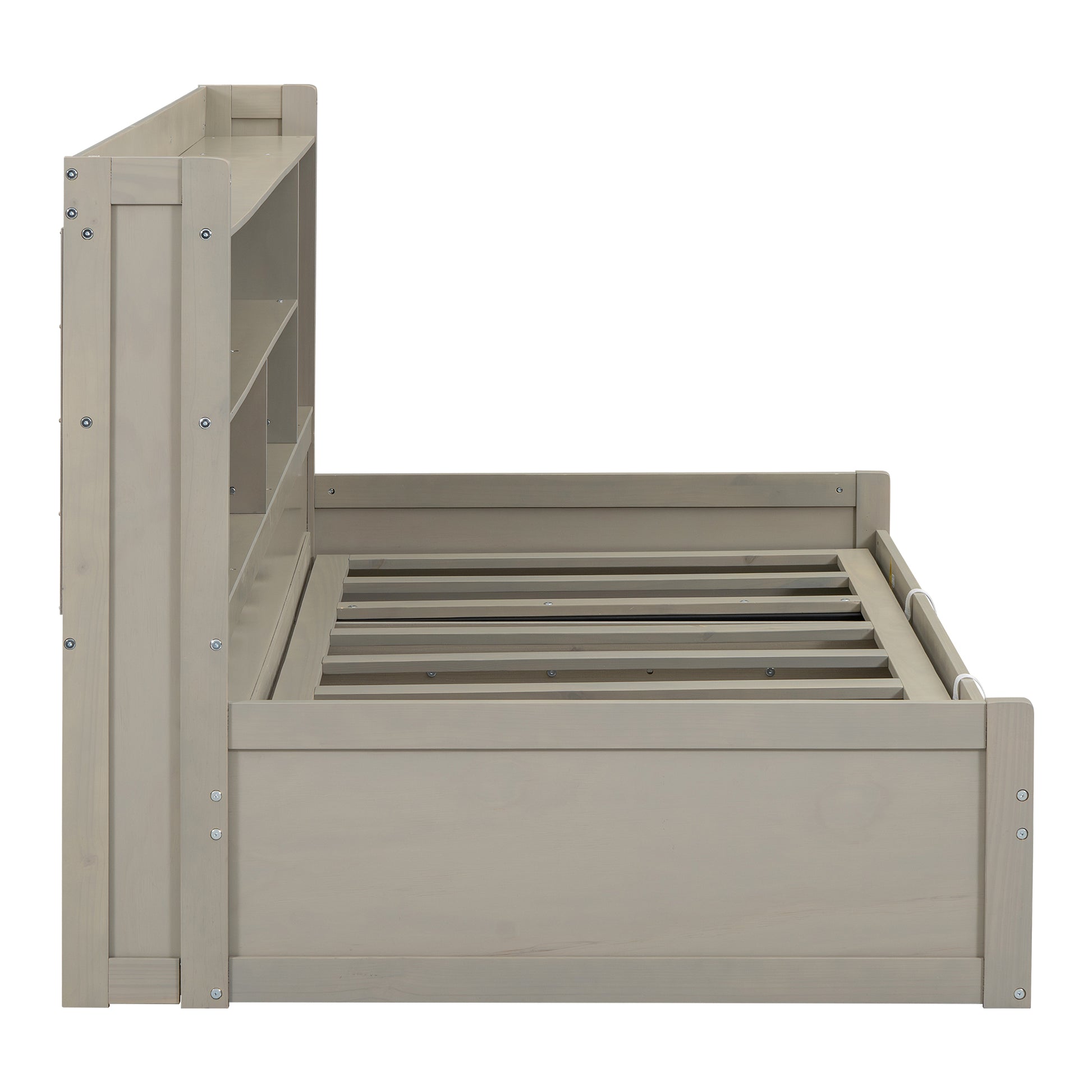 Twin Size Daybed Frame With Storage Bookcases And Underneath Storage, Usb Charging Station, Gray Twin Light Grey Solid Wood Mdf