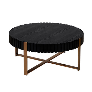 Modern Handcraft Drum Coffee Table 31.5 Inch Round Coffee Table For Living Room,Small Coffee Table With Sturdy Pedestal,Black Matt Black Mdf Metal