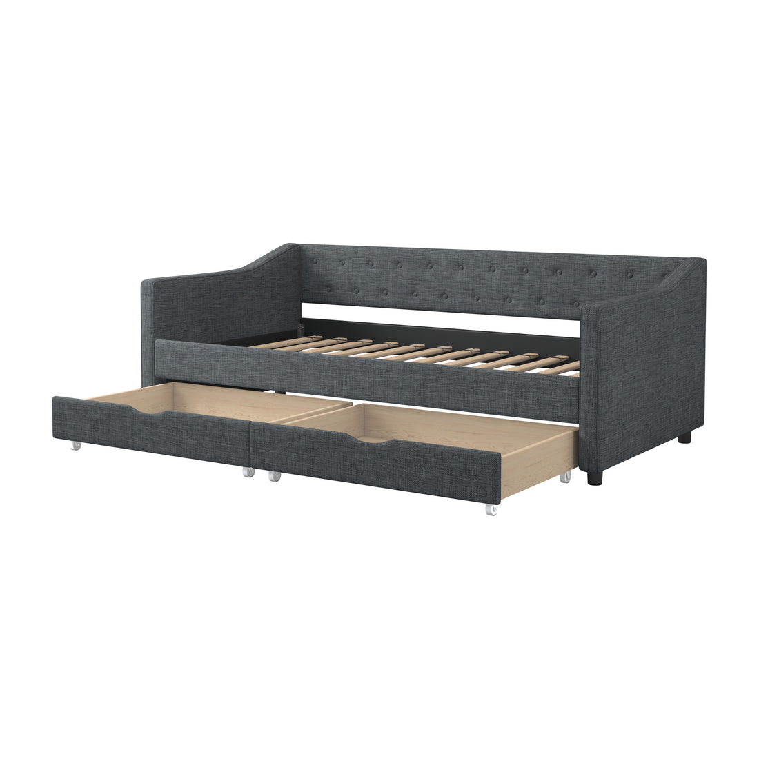 Twin Size Daybed With Drawers Upholstered Tufted Sofa Bed, With Button On Back And Piping On Waved Shape Arms Dark Grey Twin Dark Grey Wood Fabric