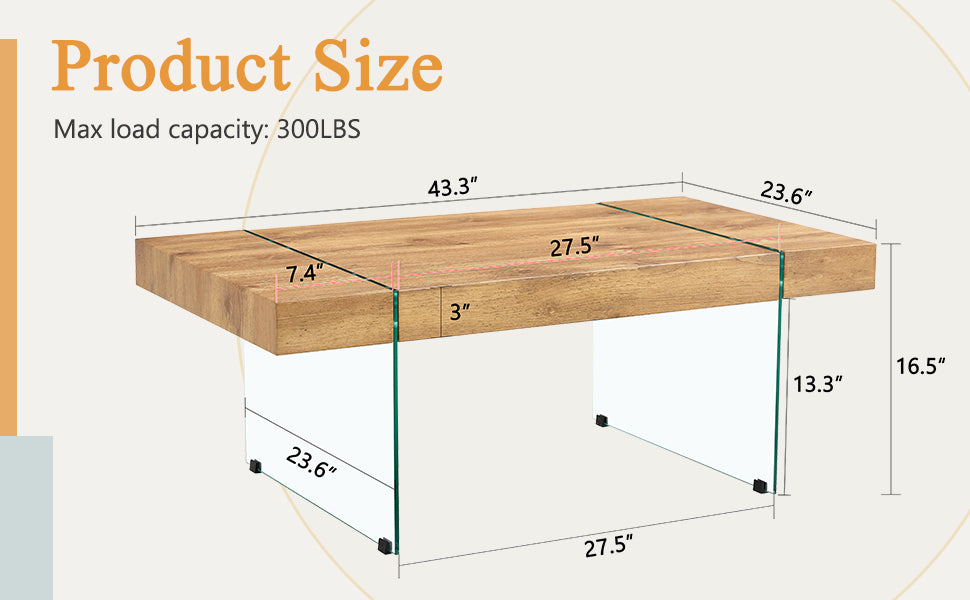 43.3"X23.6" Wood Colored Texture Sticker Mdf Coffee Table With Tempered Glass Legs.Suitable For Living Room.It Can Be Used Not Only As A Coffee Table But Also As A Side Table Or Display Stand. Wood