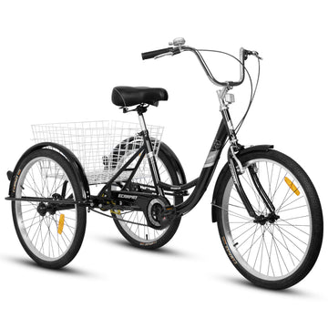 Adult Tricycles, 1 Speed Adult Trikes 24 Inch 3 Wheel Bikes, Three Wheeled Bicycles Cruise Trike With Shopping Basket For Seniors, Women, Men Black Carbon Steel