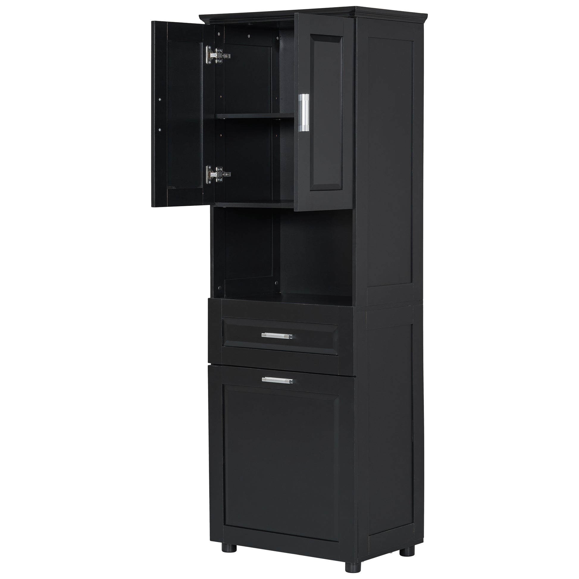 Tall Bathroom Cabinet With Laundry Basket, Large Storage Space Tilt Out Laundry Hamper And Upper Storage Cabinet, Black Black Mdf