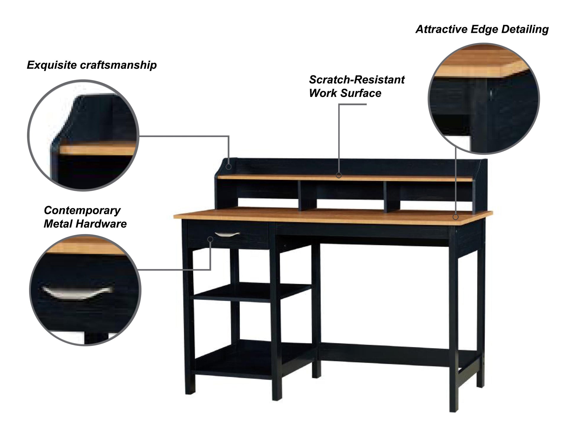 47" Writing Desk With Hutch "Home Office Writing Desk In Honey Maple & Antique Black Spacious Dual Tone Workstation With Drawer And Open Shelves" Antique Black Solid Wood