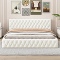 Queen Size Velvet Upholstered Platform Bed, With Luxurious Diamond Grid Headboard,Beige Queen Beige Plywood