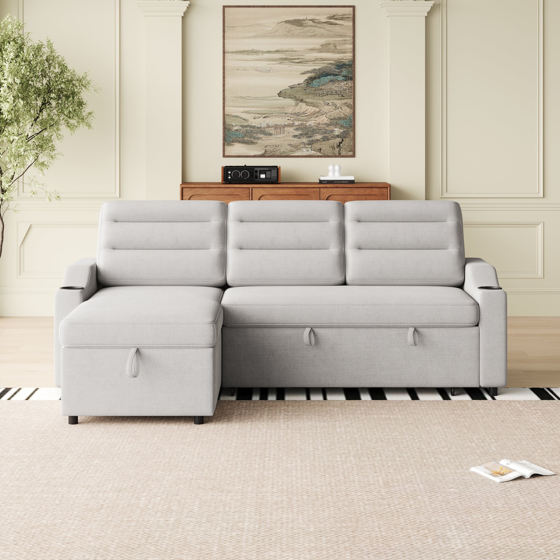 Mh83.5" Convertible Sleeper Combo Sofa, Convertible Sofa Bed Polyester Pullout Bed With Storage Recliner And Cup Holder For Living Room, Tight Spaces Light Grey Polyester Primary Living Space Pine Foam Fabric 3 Seat