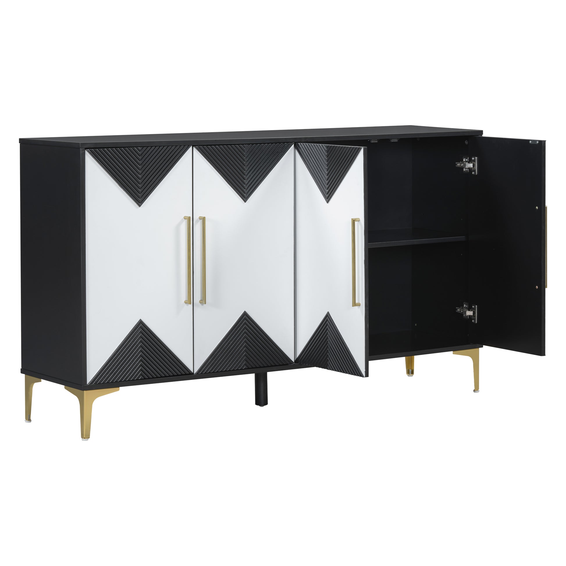 Unique Features Of A Four Door Cabinet With Two Tone Triangular Pattern Doors, Suitable For Entryway, Hallway, Living Room 3 4 Spaces Black White Primary Living Space Adjustable Shelves Artsy,Contemporary Mdf