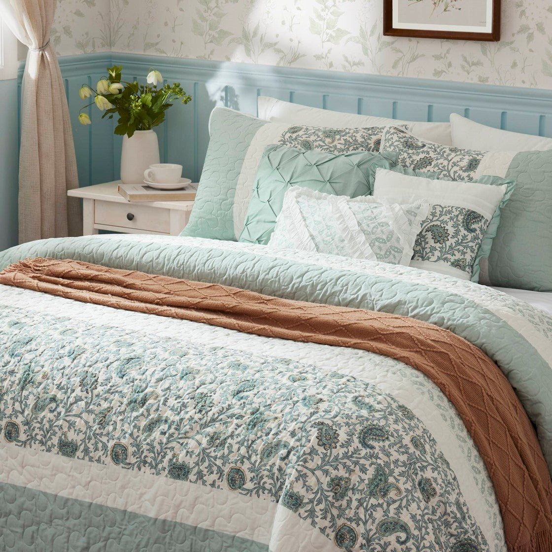 6 Piece Cotton Percale Quilt Set With Throw Pillows Aqua Full Queen Full Aqua Polyester