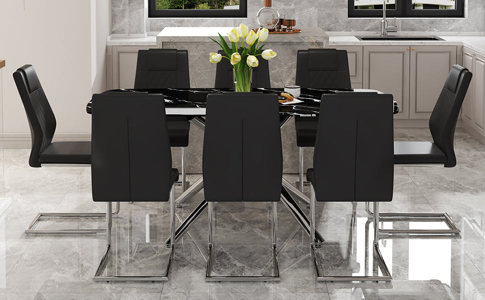 Table And Chair Set.Table And Chair Set.Modern Luxurious Black Marble Patterned Tempered Glass Dining Table With 8 Black Pu Chairs.Multiple High Quality Pu Dining Chairs With Silver Legs.