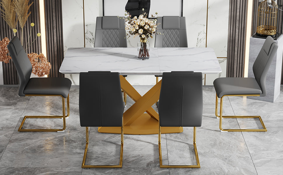 Table And Chair Set, The Table Is Equipped With A Marble Patterned Mdf Tabletop And Gold Table Legs.Dining Chairs,Gold Legged Upholstered Chairs Made Of Artificial Leather. Grey Gold Seats 6 Mdf