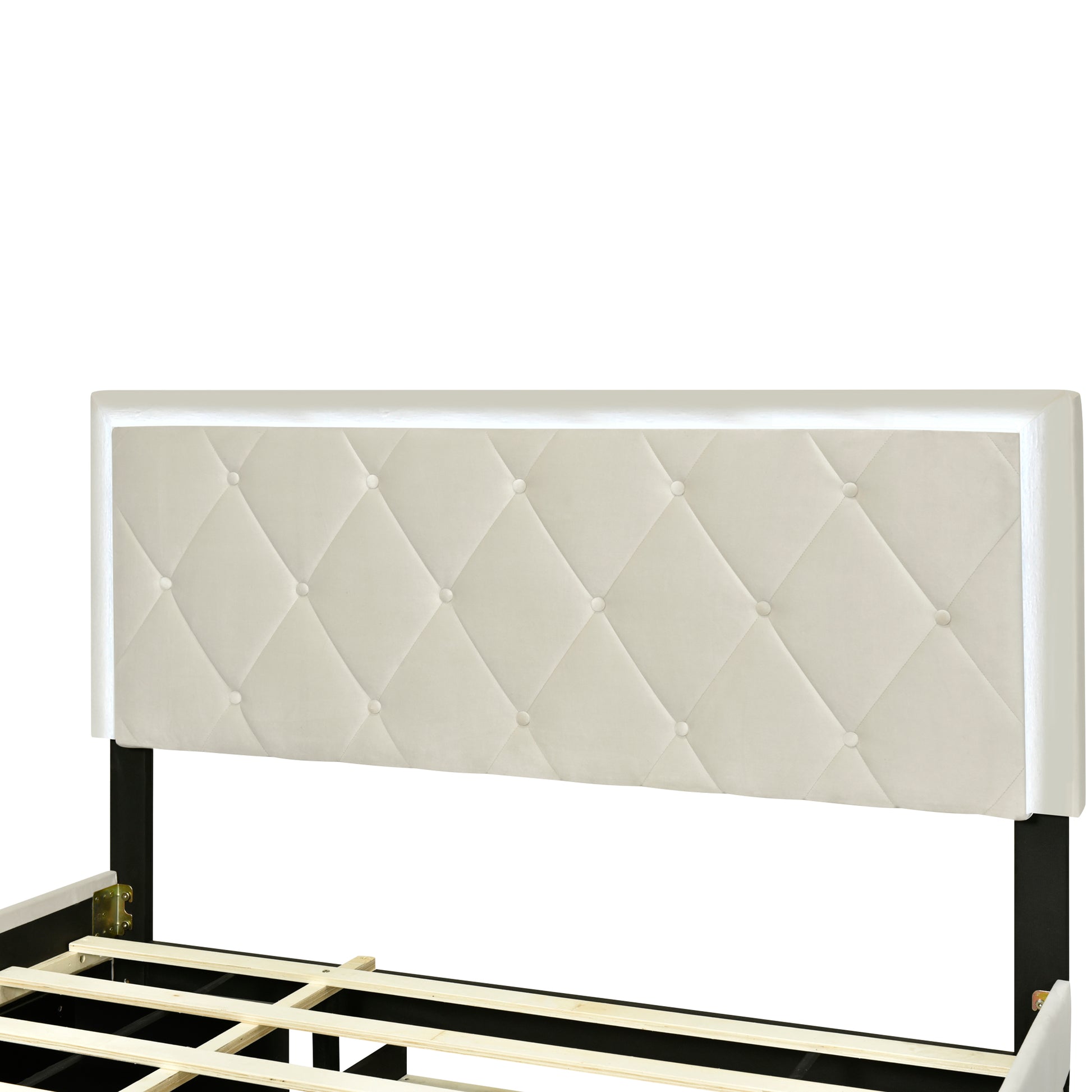 Queen Size Velvet Storage Platform Bed, With 2 Big Drawers, Twin Xl Size Trundle And Led Light, Beige Beige Velvet