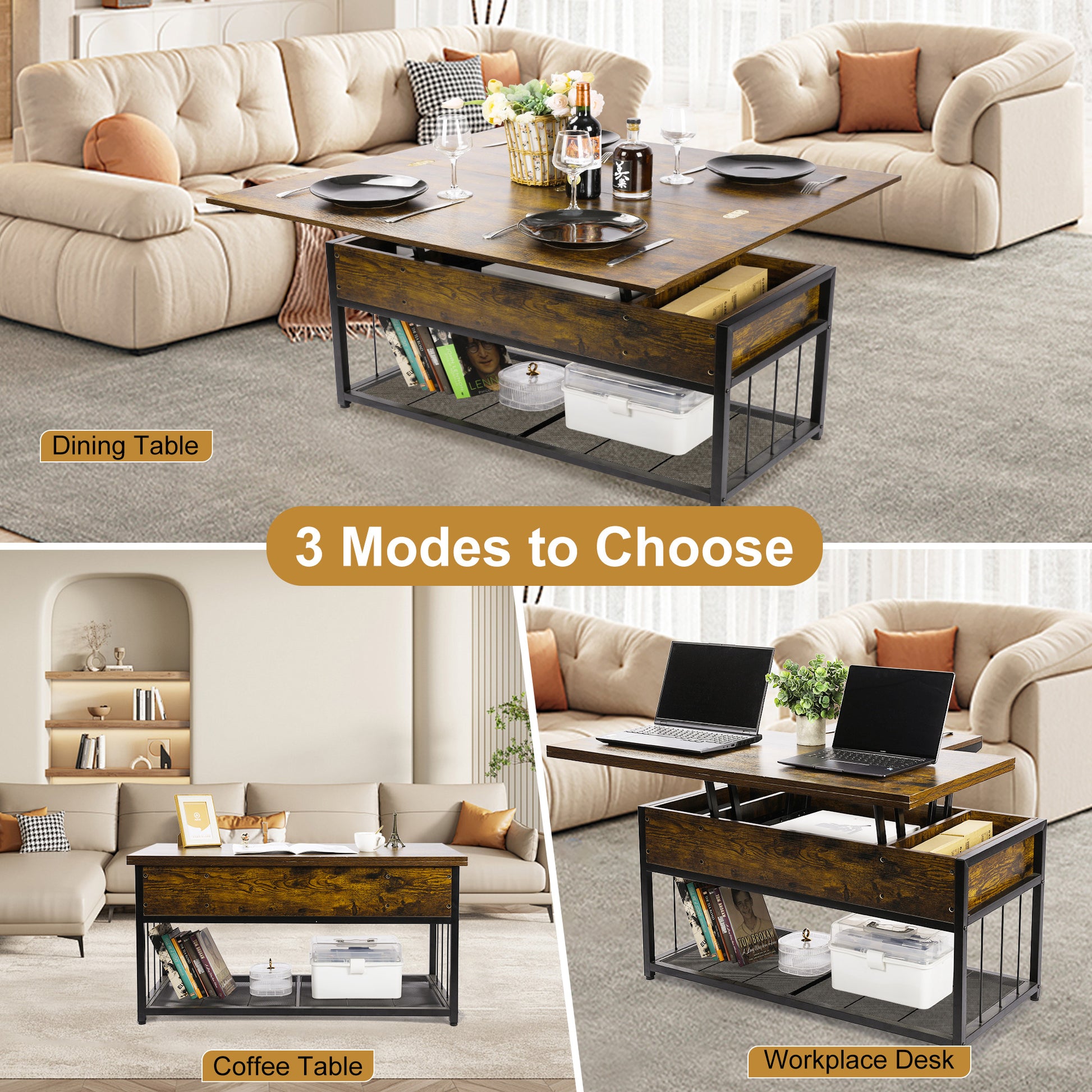 Lift Top Coffee Table With Storage Shelves And