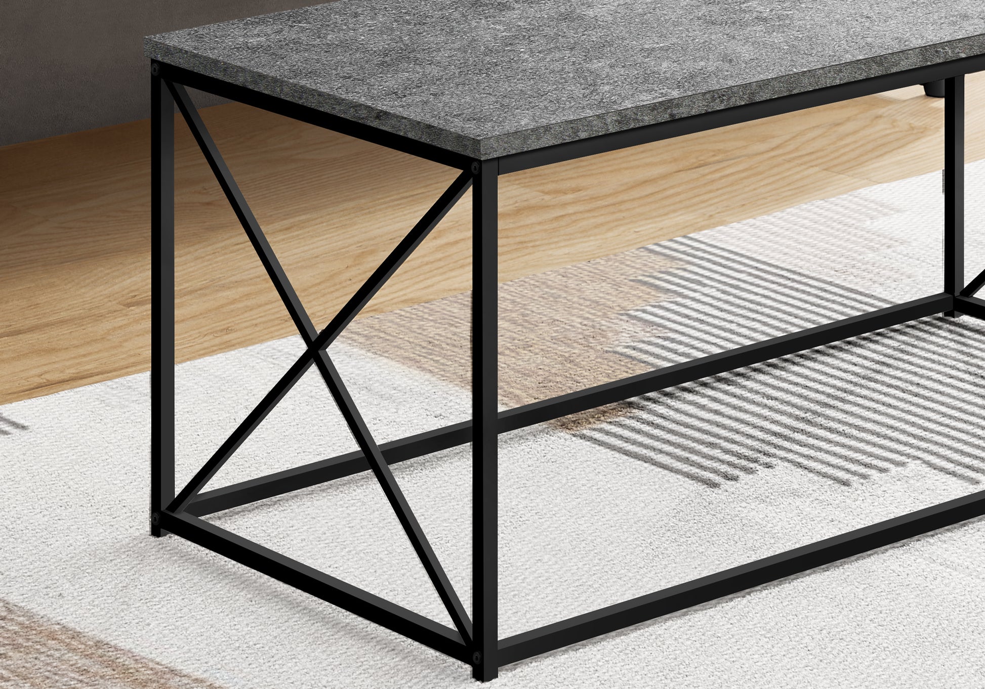 Coffee Table, Accent, Cocktail, Rectangular, Living Room, 40"L, Grey Laminate, Black Metal, Contemporary, Modern Grey Particle Board