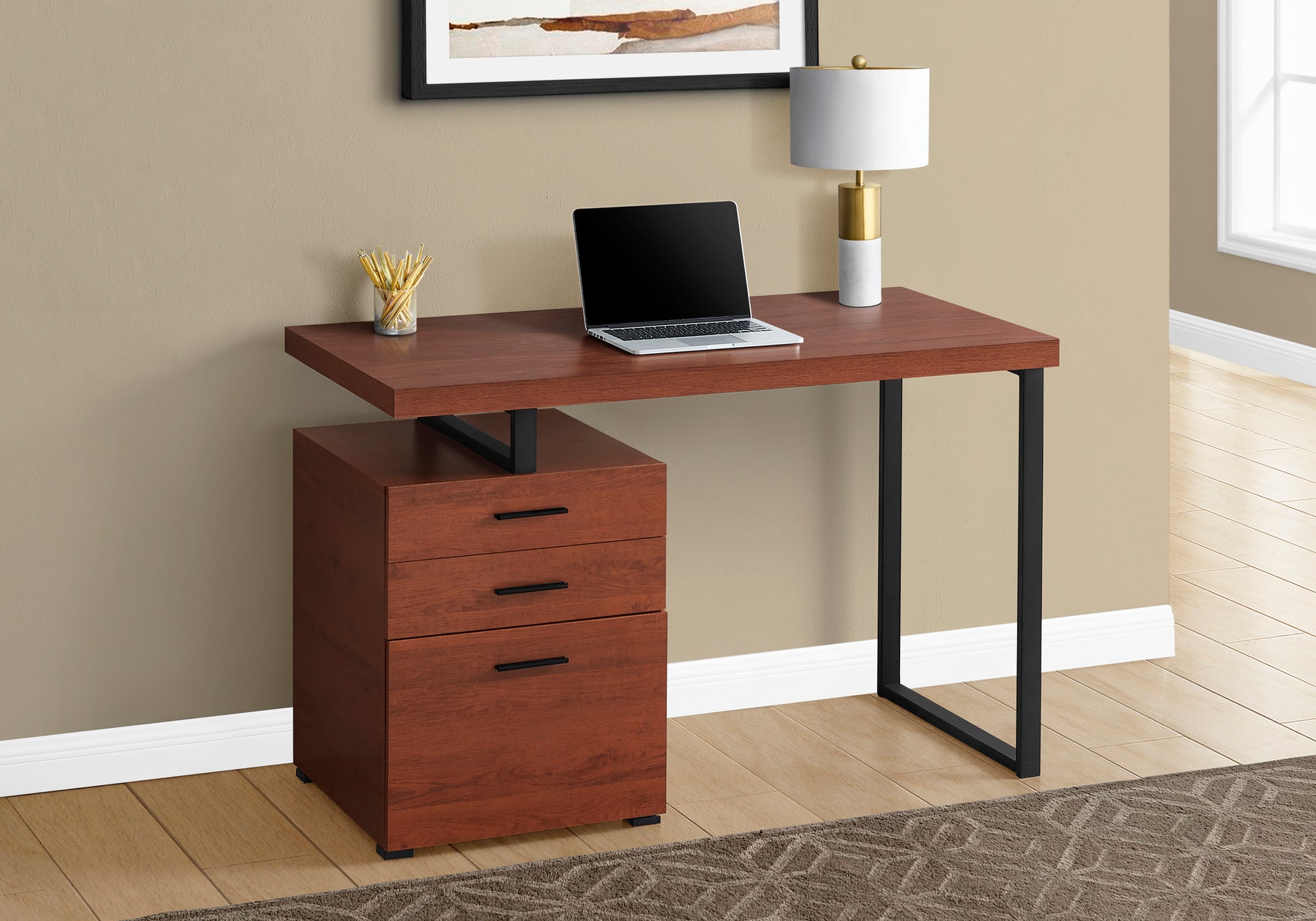 Computer Desk, Home Office, Laptop, Left, Right Set Up, Storage Drawers, 48"L, Work, Brown Laminate, Black Metal, Contemporary, Modern Cherry Particle Board