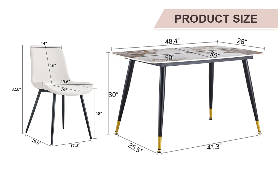 Table And Chair Set, Imitation Marble Texture Rock Board Table Top, Black Metal Table Legs. Paired With 6 White Artificial Leather Backrest Cushion Dining Chairs With Black Metal Legs. White Black Seats 6 Metal