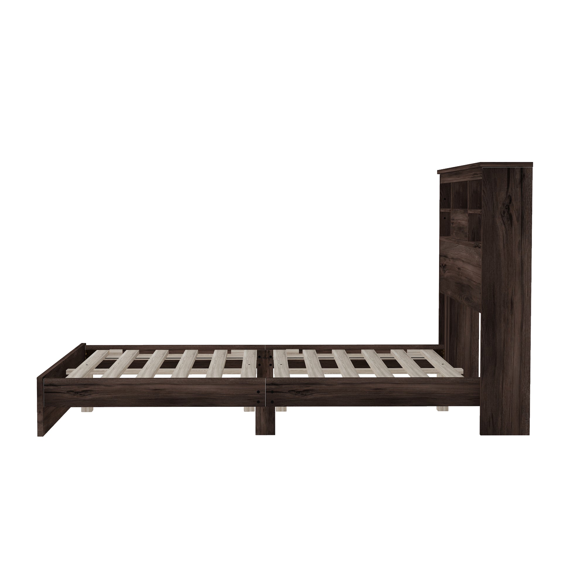 Queen Size Wooden Platform Bed With Storage Headboard,American Country Style Bed With Usb Charging Ports,Dark Walnut Queen Walnut American Traditional Mdf