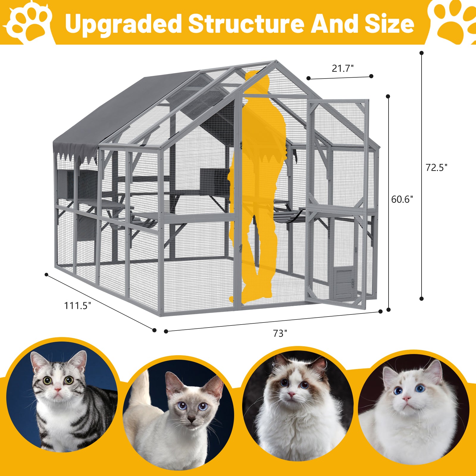 Outdoor Cat House Cat Enclosures 110" Large Kitten Playpen With Platforms,Upgrade Waterproof Cover Grey Blue Grey Metal & Wood