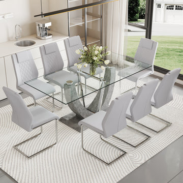 Table And Chair Set, Large Modern Rectangular Glass Table, Can Accommodate 6 8 People, Equipped With A 0.39 Inch Tempered Glass Tabletop And Large Mdf Table Legs, Comfortable And Soft Chairs. Transparent Mdf Glass