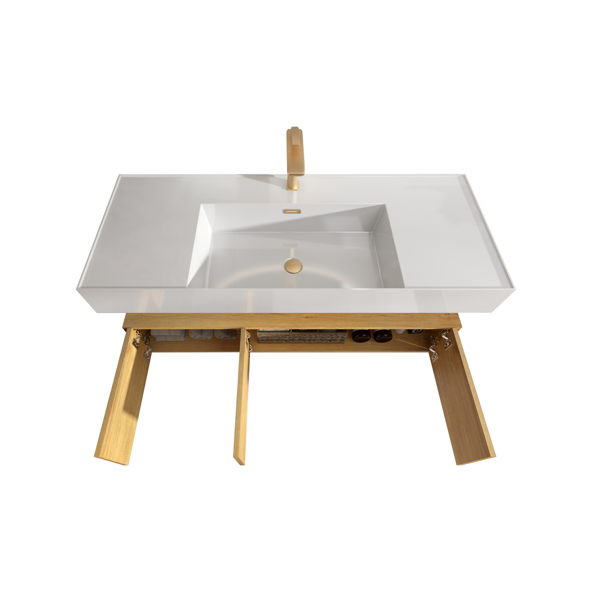 U065 Flora48W 106 Floating Bathroom Sink With Storage Cabinet, Natural Oak Wall Mounted Basin With Cabinet With 3 Soft Close Doors Oak Bathroom Modern Engineered Wood