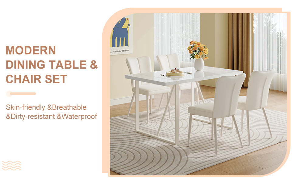 55"X31.5"Cream Style White Mdf Dining Table Set With 4 Armless Chairs.Mdf Tabletop And Metal Legs.The Backrest Of The Dining Chair Has A Vertical Line Design.Adding A Warm Atmosphere To Your Family.