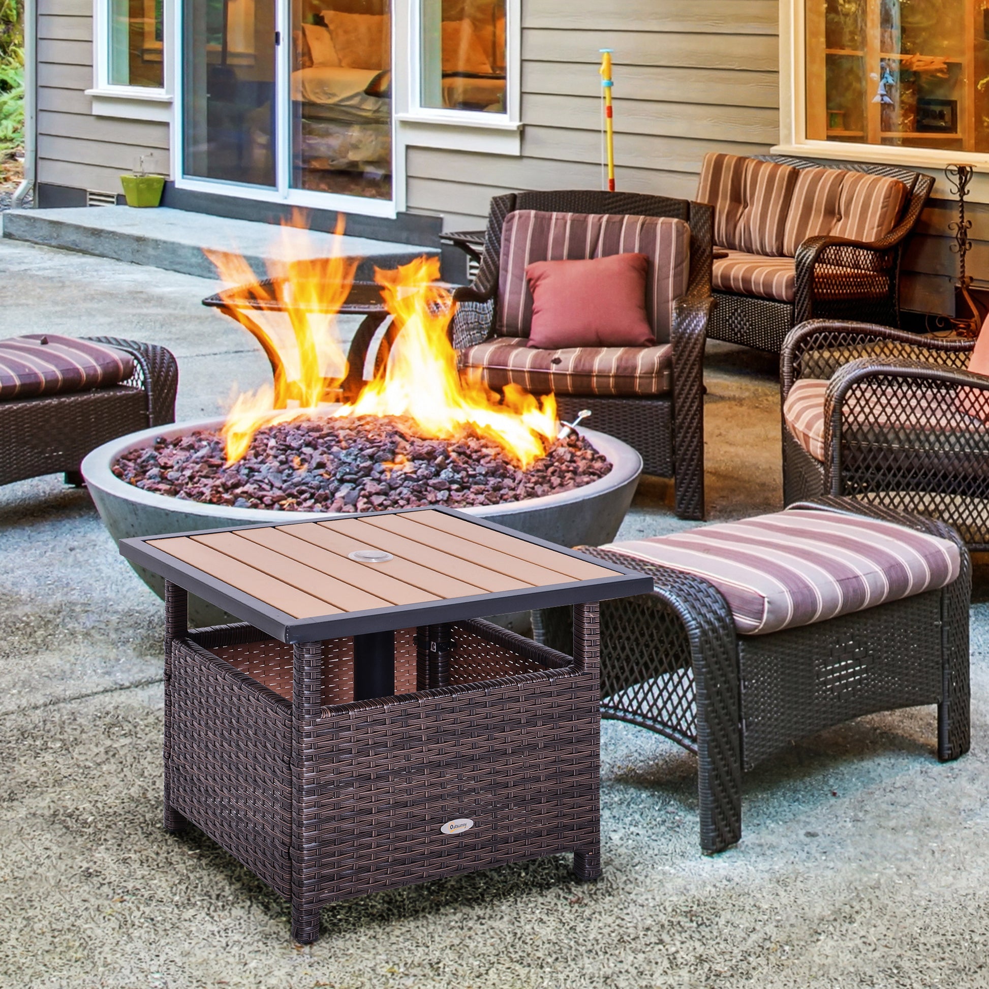 Outsunny 22'' Rattan Wicker Side Table With Steel Frame, Umbrella Insert Hole, Sand Bag For Outdoor, Patio, Garden, Backyard, Brown Brown Rattan