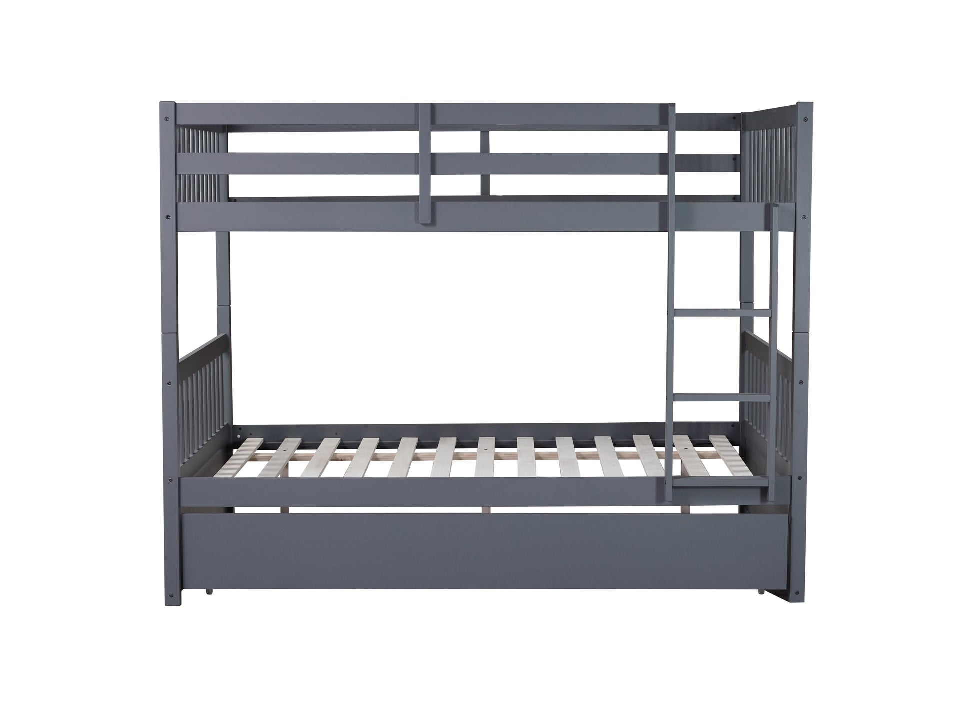 Full Over Full Rubber Wood Bunk Bed With Trundle, Ladder And Guardrails, Convertible To 2 Full Size Beds, With Twin Size Trundle ,Dark Grey Full Dark Grey Bedroom American Design Bed Frame Rubber