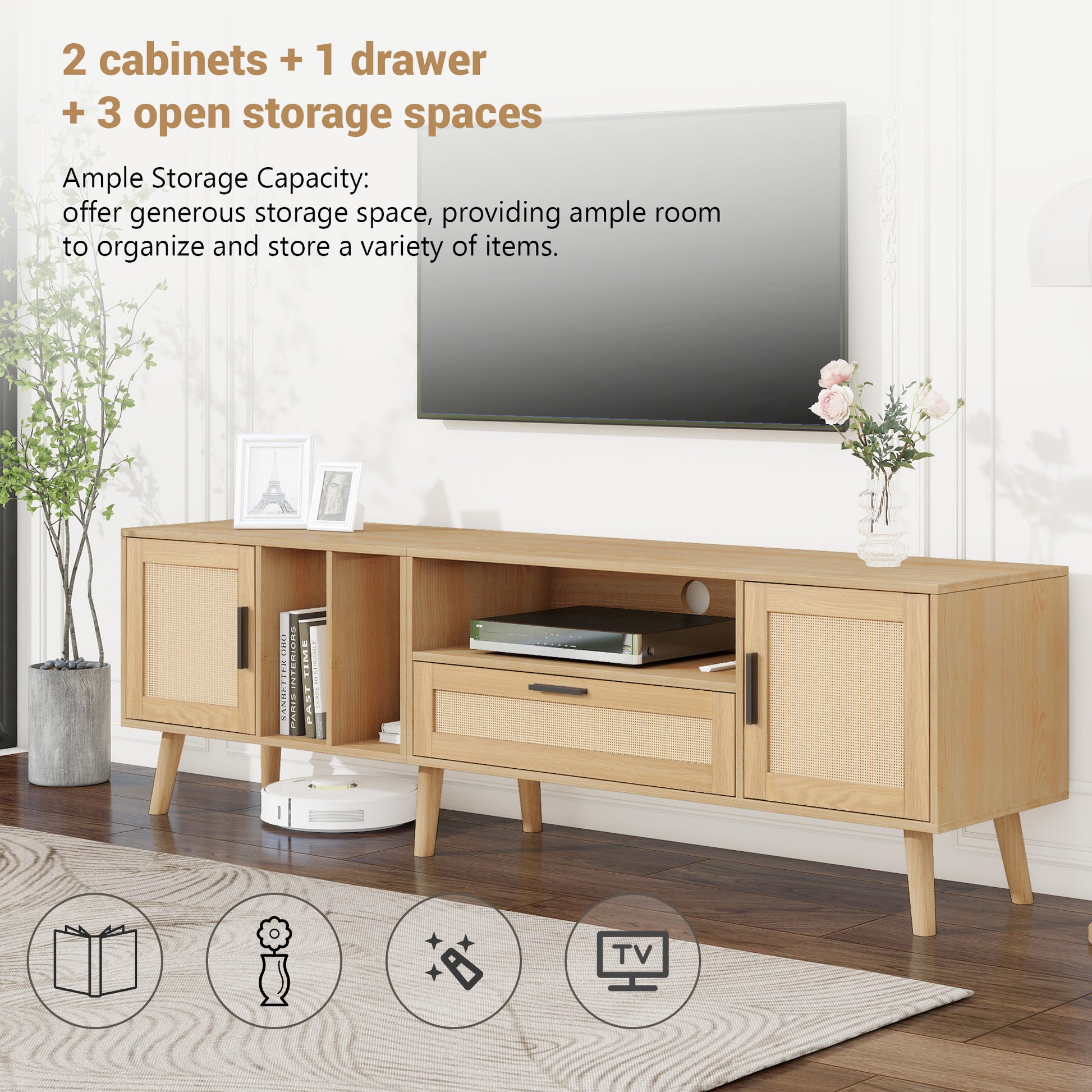 Rattan Tv Stand With 2 Cabinets & 2 Open Shelves, Rattan Inspired Media Console Table For Tvs Up To 80'', Entertainment Center With Solid Wood Legs, Tv Cabinet For Living Room, Bedroom, Home Theatre Natural Wood Primary Living Space 60 69 Inches 60 69