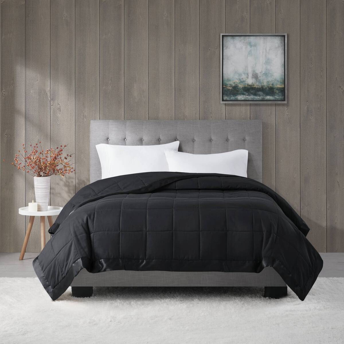 Lightweight Down Alternative Blanket With Satin Trim Black King Black Polyester