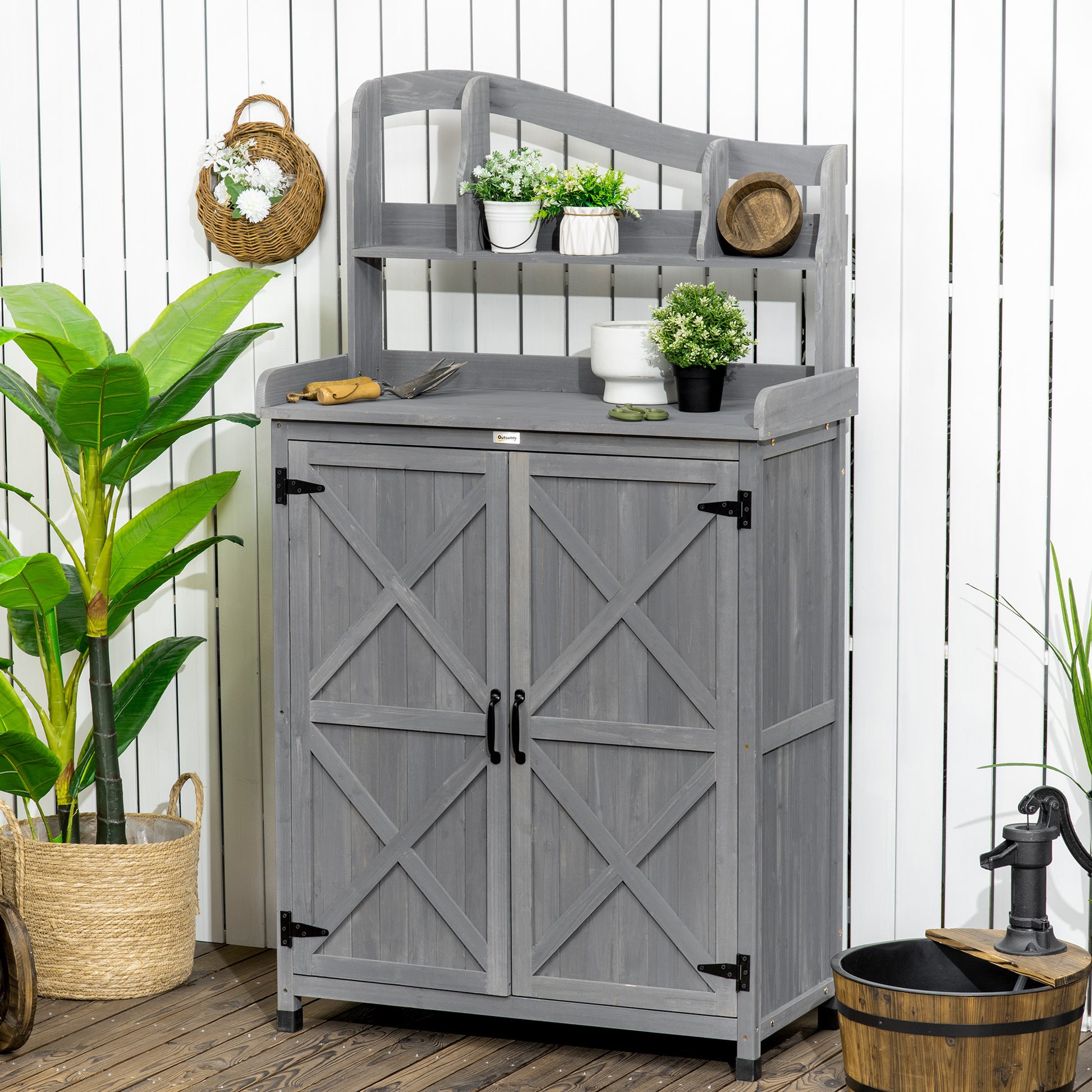 Outsunny Potting Bench Table, Outdoor Storage Cabinet, Multi Function Gardening Bench, Wooden Planting Workstation With Magnetic Doors, For Yard Tools Or Pool Accessories, Gray Dark Grey Wood