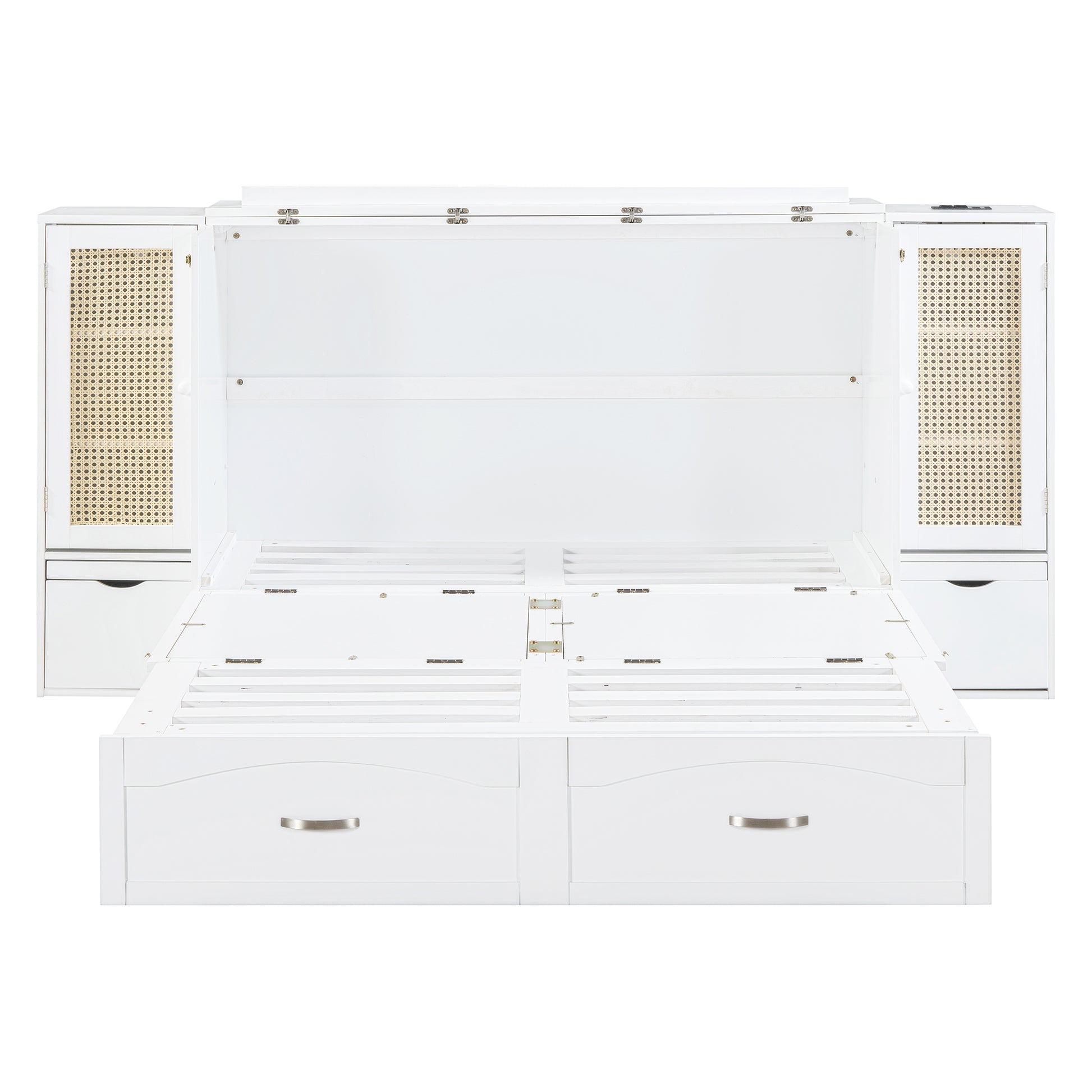 Full Size Murphy Bed Wall Bed With Drawer And Rattan Decoration With 2 Storage Cabinets, One Set Of Sockets & Usb Ports, Pulley Structure Design, White Full White Plywood
