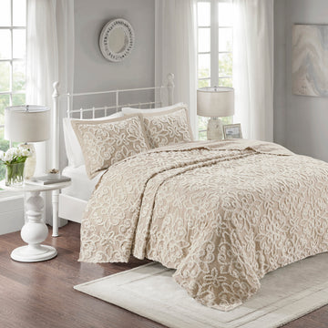 3 Piece Tufted Cotton Bedspread Set Taupe King Cal King Taupe Cotton