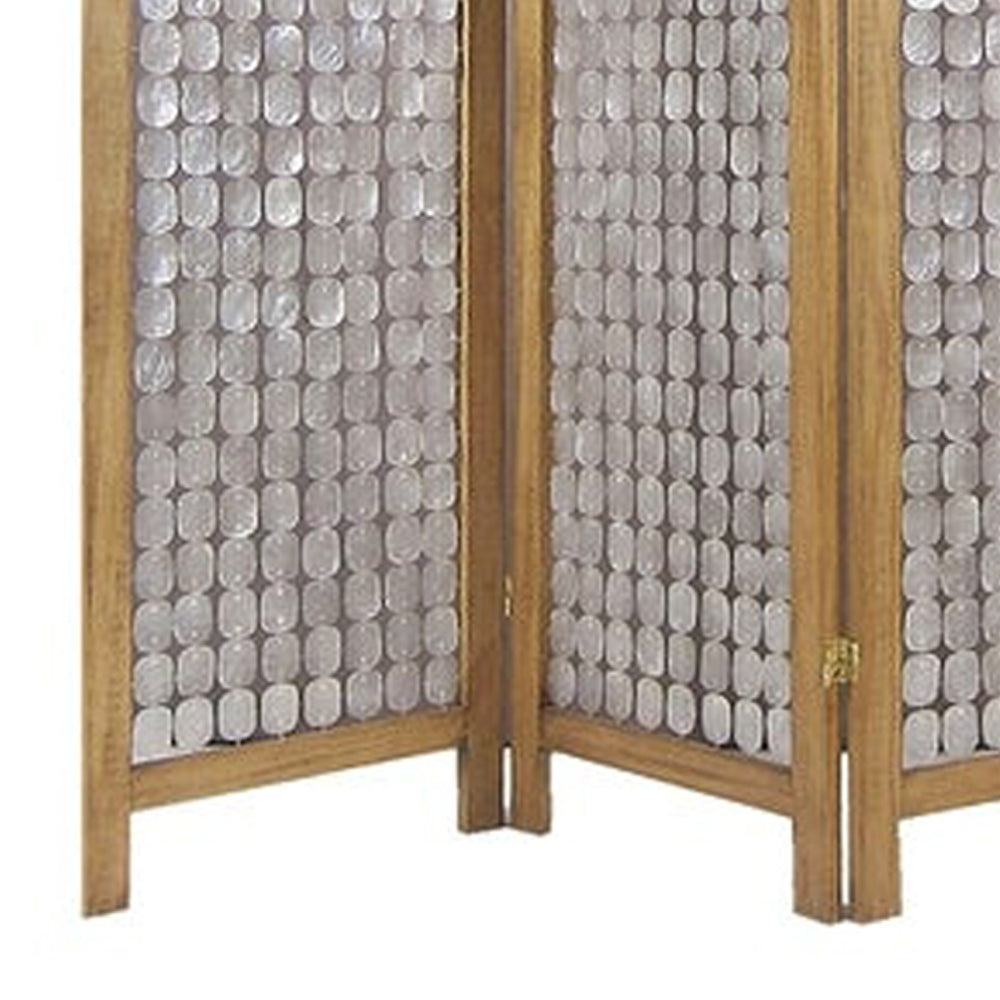 3 Panel Wooden Screen With Pearl Motif Accent, Brown And Silver Oak Silver Solid Wood