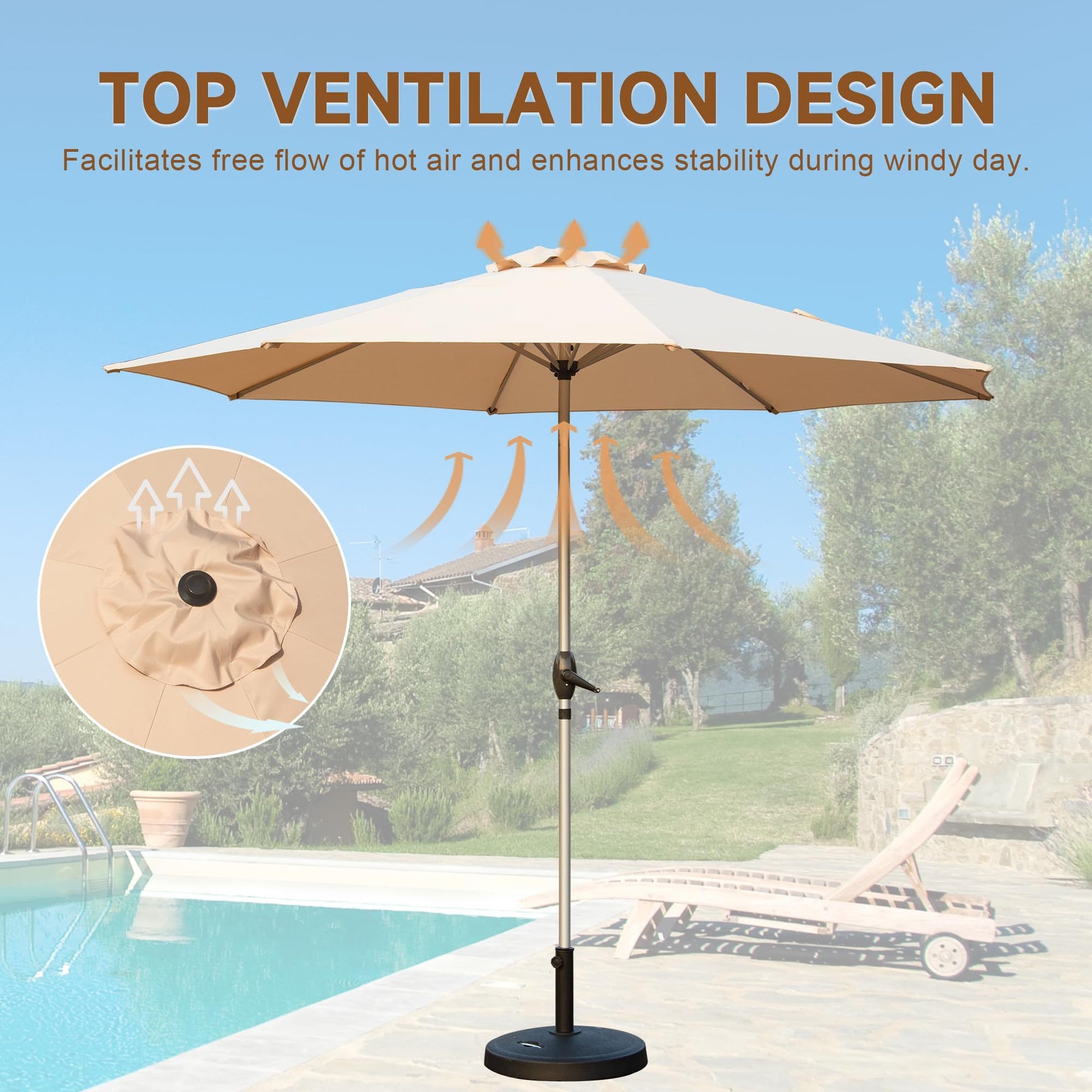9Ft Patio Umbrella, Outdoor Table Umbrella With Push Button Tilt And Crank, Uv Protection Waterproof Market Sun Umbrella With 8 Sturdy Ribs For Garden, Deck, Backyard, Pool Beige Beige Round Uv Resistant Umbrellas Aluminium