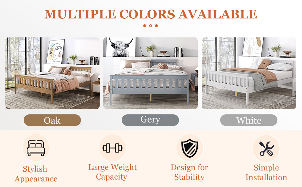 Queen Bed Frames With Headboard, Solid Wooden Platform Bed With Corner, Modern Low Profile Bed Frame, No Box Spring Needed, Grey Queen Grey Wood
