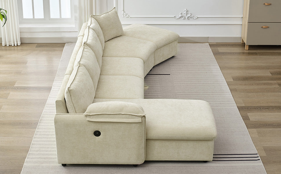 146.9" L Shaped Sofa Sectional Sofa Couch Pull Out Sofa Bed With A Movable Storage Ottoman, A Storage Chaise Lounge And Two Usb Ports For Living Room, Beige Beige Foam Linen 5 Seat