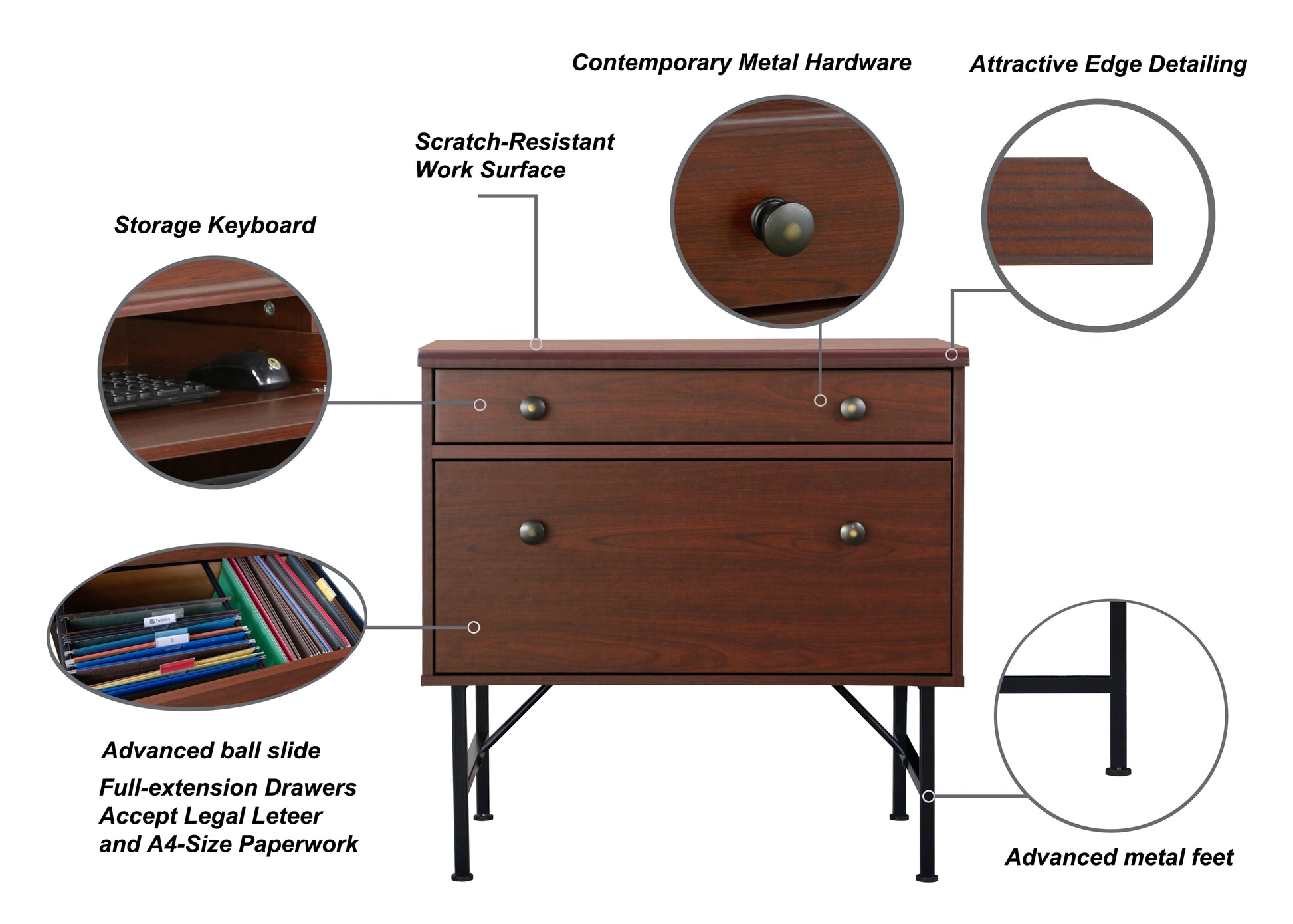 Lateral File Drawer Cherry Wood File Cabinet With 2 Drawers Contemporary Metal Hardware, Legal And A4 Storage, Scratch Resistant Surface Cherry Solid Wood