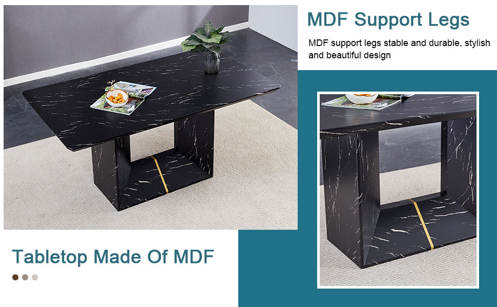 Table And Chair Set.This Modern Dining Table With Mdf Marbled Design Gives You A Luxurious And Elegant Feel.Paired With Multiple Chairs With Pu Artificial Leather Backrest Cushions And Black Legs. Black Seats 6 Mdf