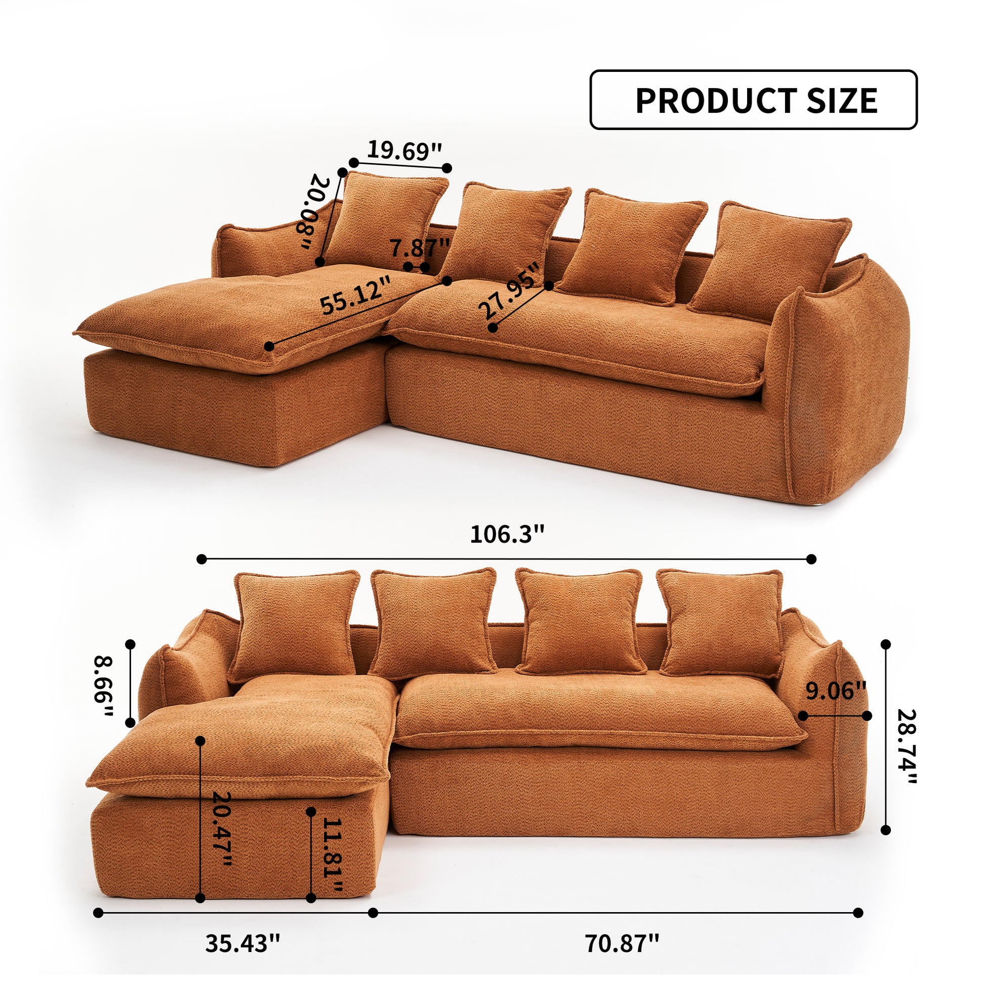 Sofa Deep Seat Sofa 3 Seater For Living Room Oversized Comfy Sofa L Shape Sofa Couch With Chaise Home Furniture Sleeper Sectional Sofa For Apartment, Office Left Hand Facing Orange Foam 3 Seat