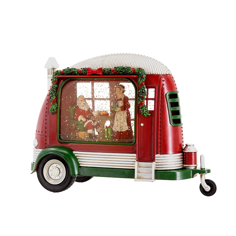 11.3X4.4X8"H Christmas Plastic Resin Camper With Mr & Mrs Santa Tea Time Led Water Spinning 2 Way Switch, 3*Aa Required Red Plastic