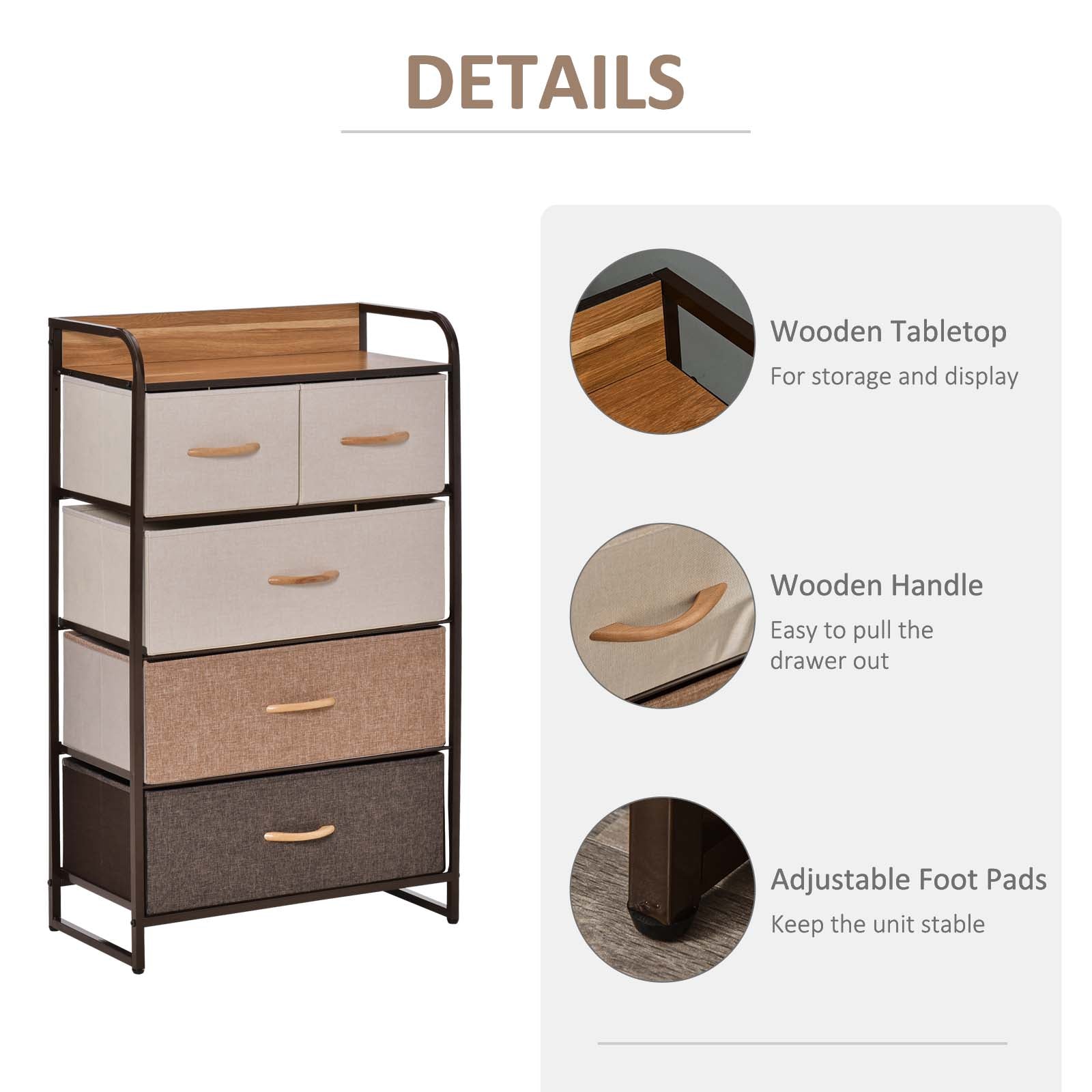 Homcom 5 Drawer Dresser, Fabric Drawers, 4 Tier Storage Organizer For Bedroom Entryway, Tower Unit With Steel Frame Wooden Top, Maple Wood Brown Mdf