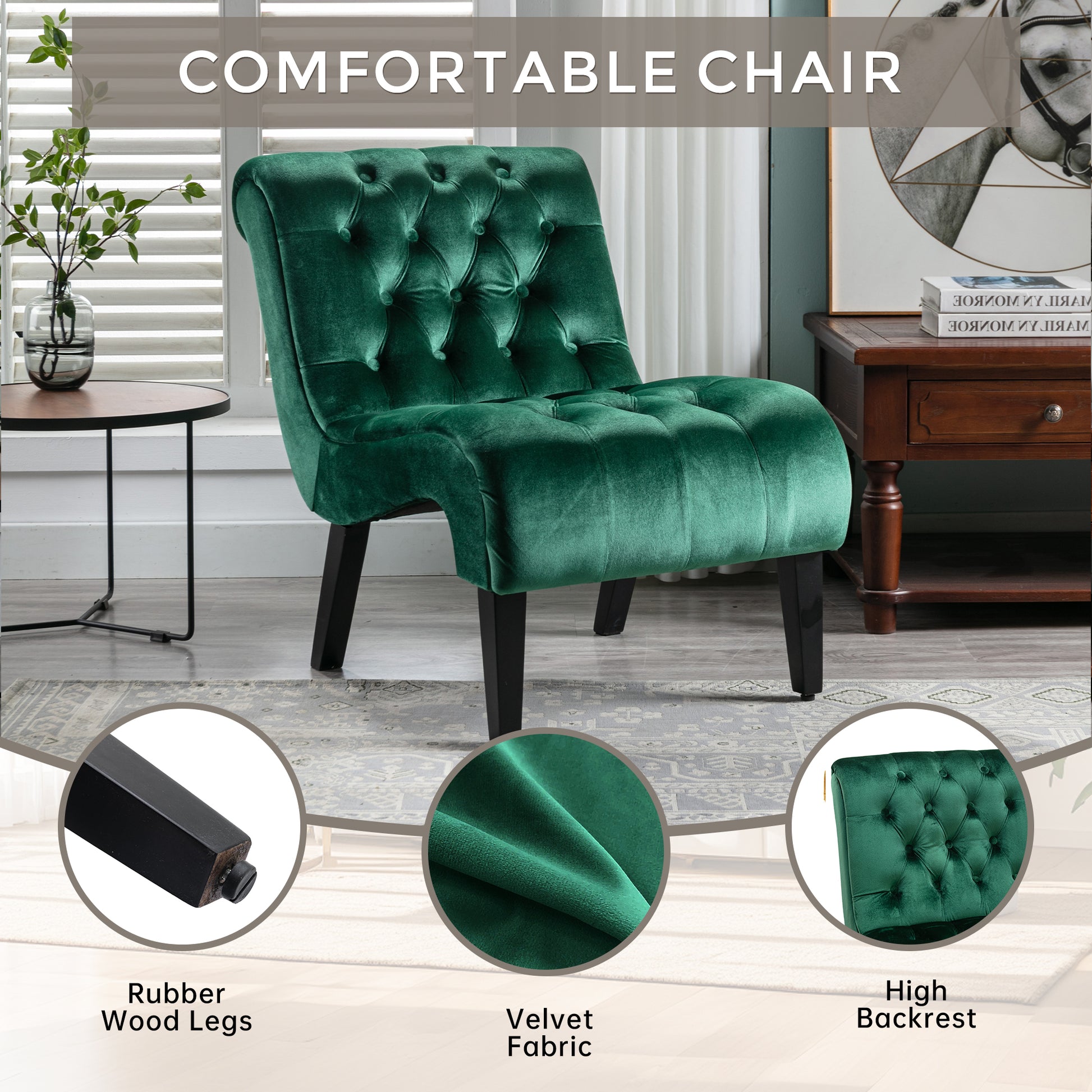 Coolmore Modern Velvet Armless Accent Living Room Chair Leisure Chair,Upholstered Fabric Button Comfortable Chair With Wooden Legs For Bedroom, Living Room, Office Green Velvet Green Primary Living Space Foam Velvet