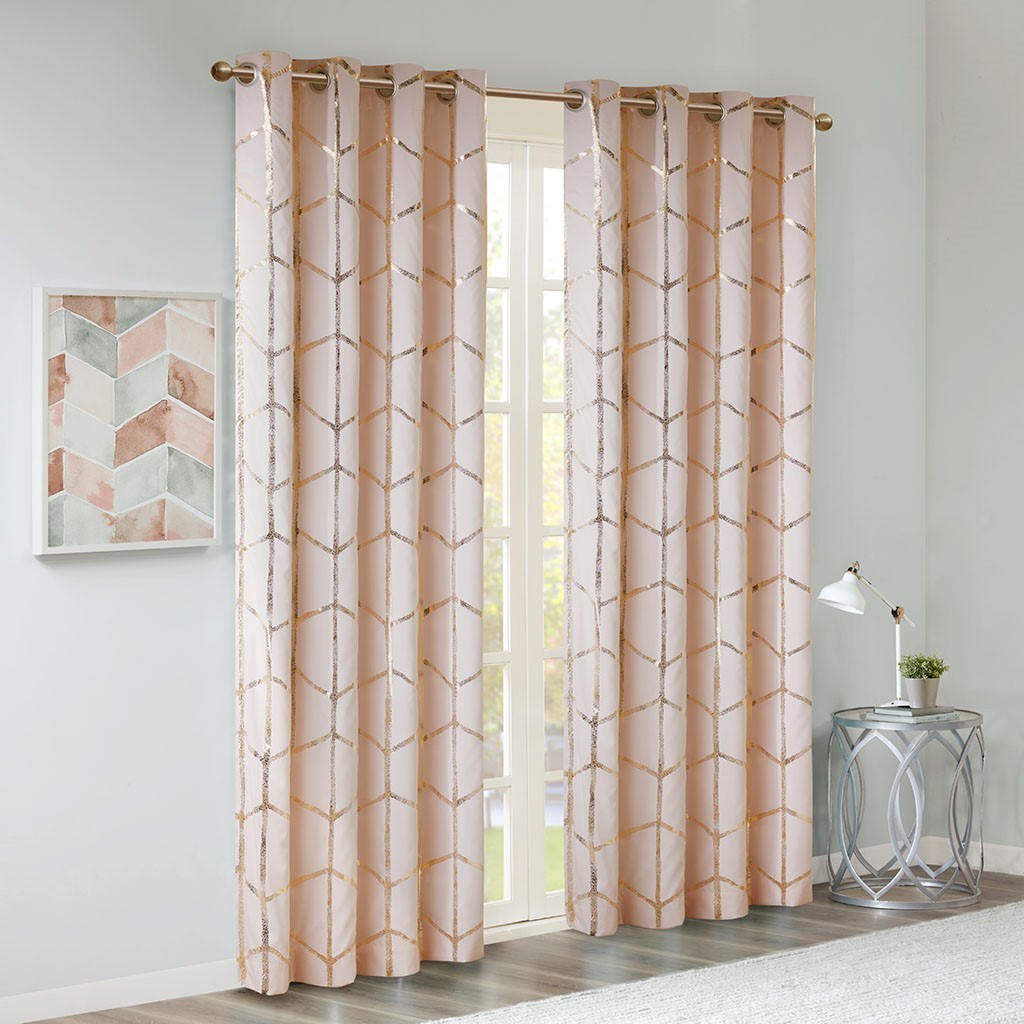 Total Blackout Metallic Print Grommet Top Curtain Panel Only 1 Pc Panel Blush Gold Microfiber