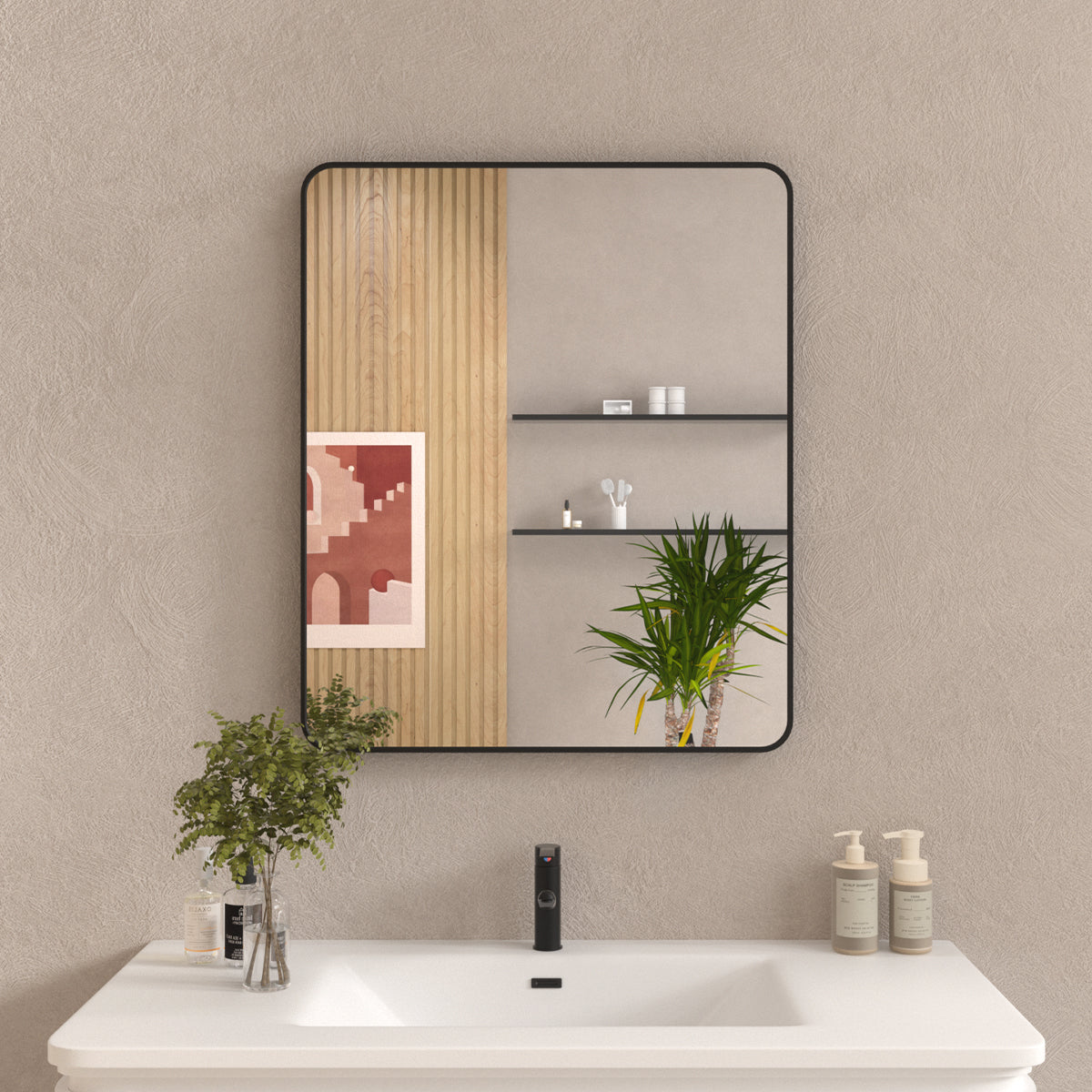 30X36 In. Aluminum Framed Rounded Rectangle Bathroom Wall Mirror, Matte Black Bathroom Vanity Mirror Farmhouse, Anti Rust, Tempered Glass Mirrors, Hangs Horizontally Or Vertiy Matte Black Aluminum