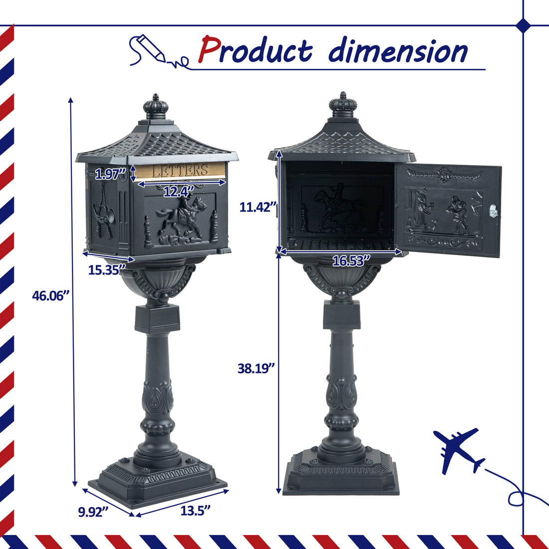 Mailbox Cast Aluminum Black Mail Box Postal Box Security Heavy Duty Black Aluminium