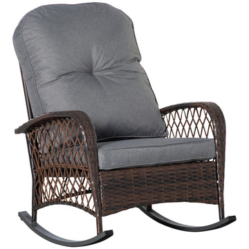 Outsunny Outdoor Wicker Rocking Chair With Wide Seat, Thick, Soft Cushion, Rattan Rocker W Steel Frame, High Weight Capacity For Patio, Garden, Backyard, Grey Gray Steel