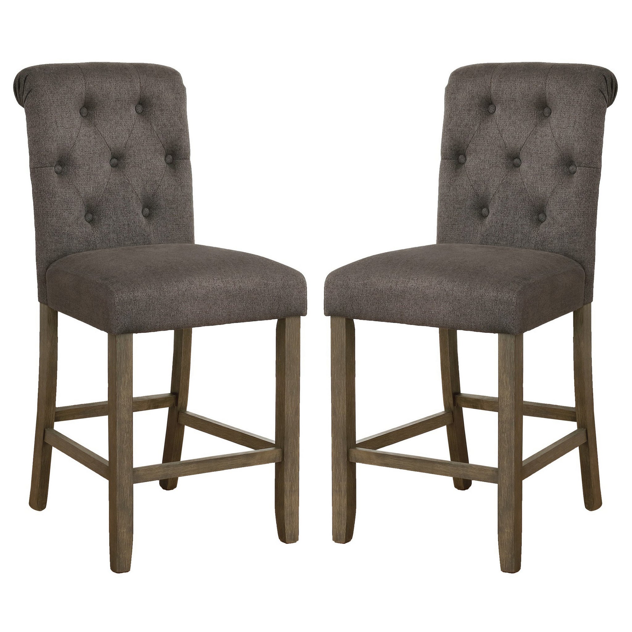 Counter Height Stool With Button Tufted Rolled Back, Set Of 2, Gray Gray Solid Wood