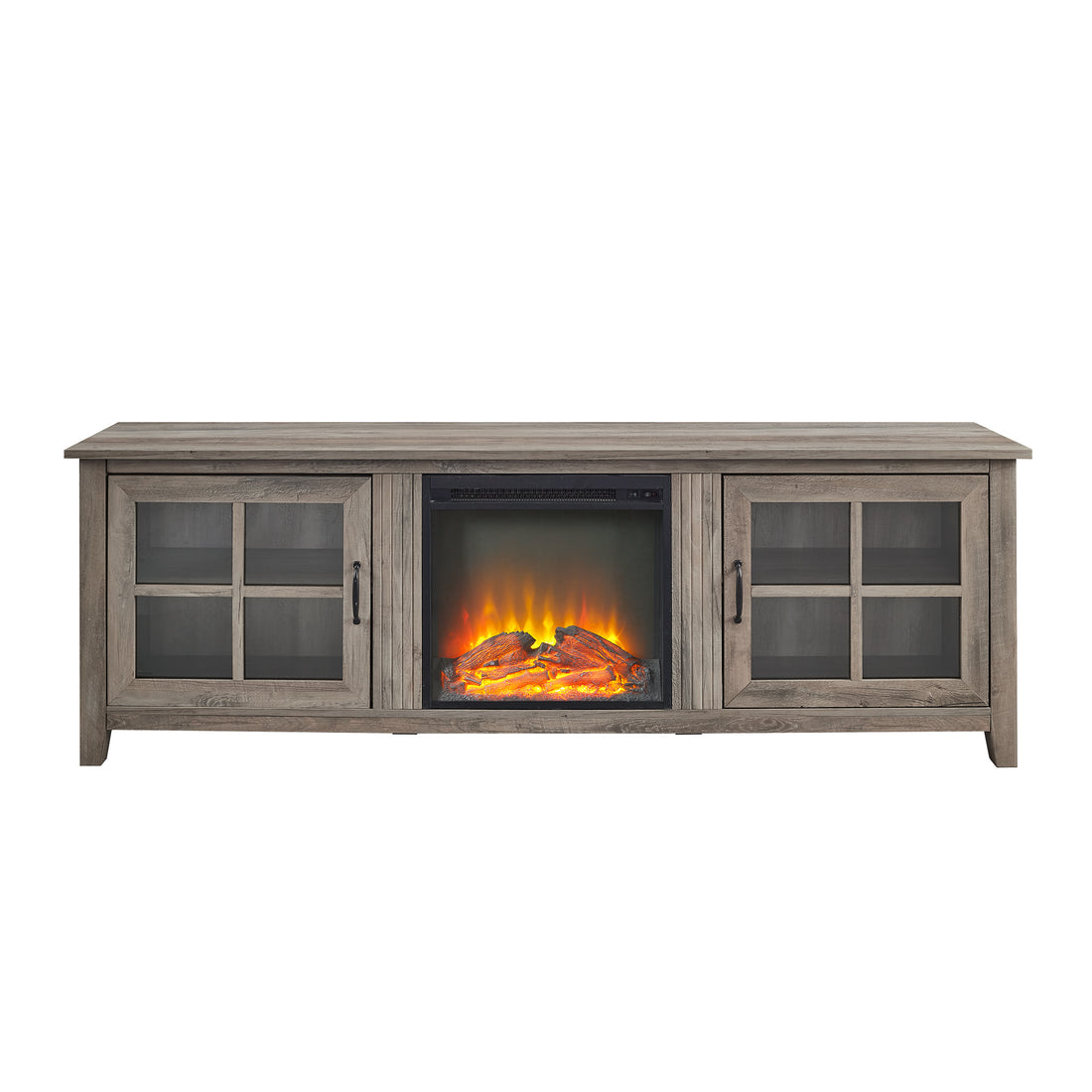 Modern Farmhouse 2 Door Glass Windowpane 70" Fireplace Tv Stand For 80" Tvs Grey Wash Gray Wash Mdf