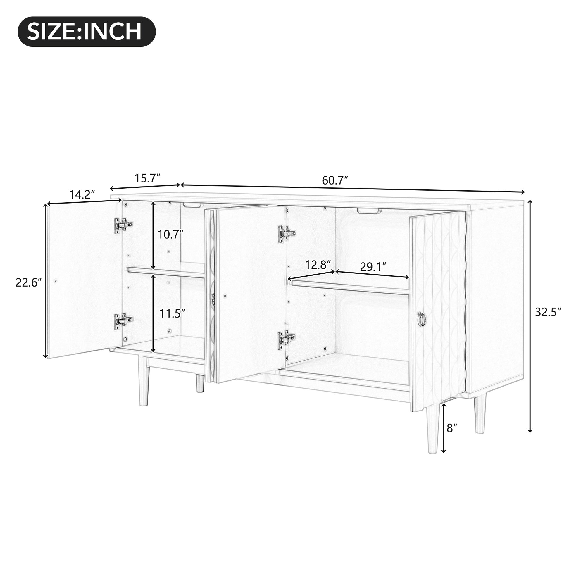 Modern 4 Door Sideboard With Convex Pattern Doors And 2 Silver Handle For Living Room, Dining Room, Kitchen Navy Navy Mdf