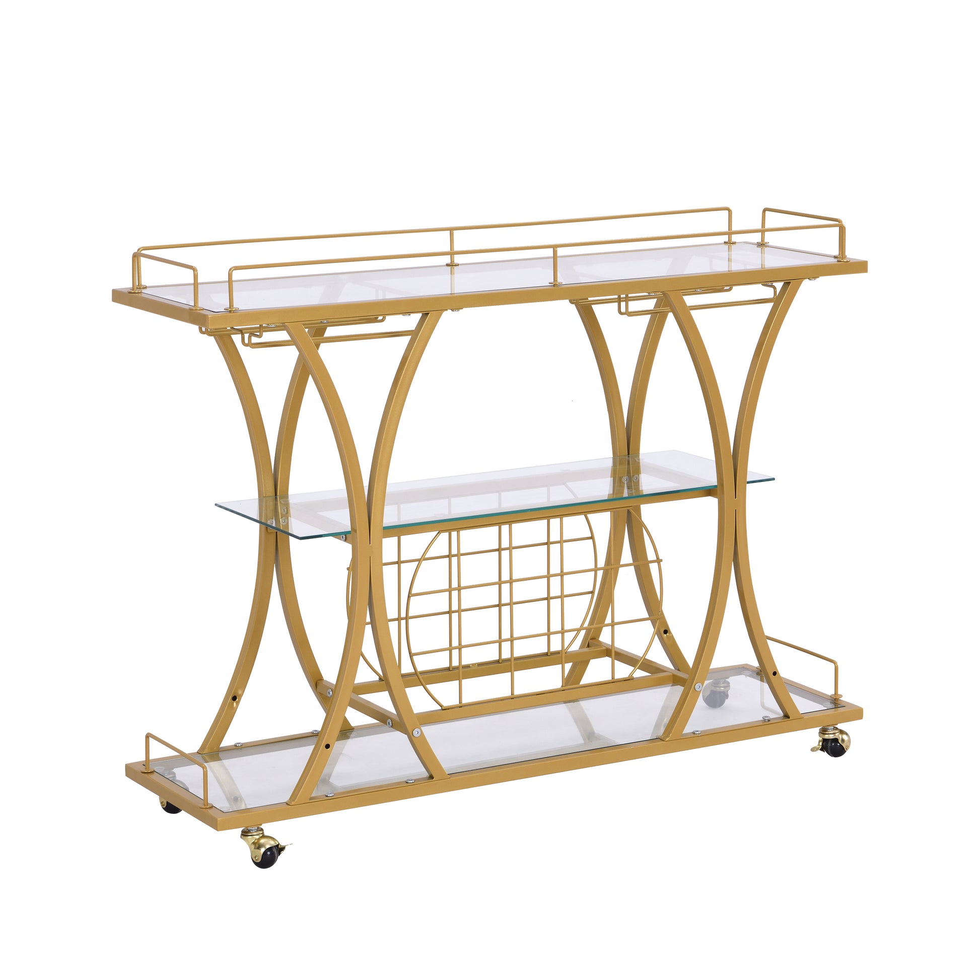 Golden Bar Cart With Wine Rack Tempered Glass Metal Frame Wine Storage Golden Glass Metal