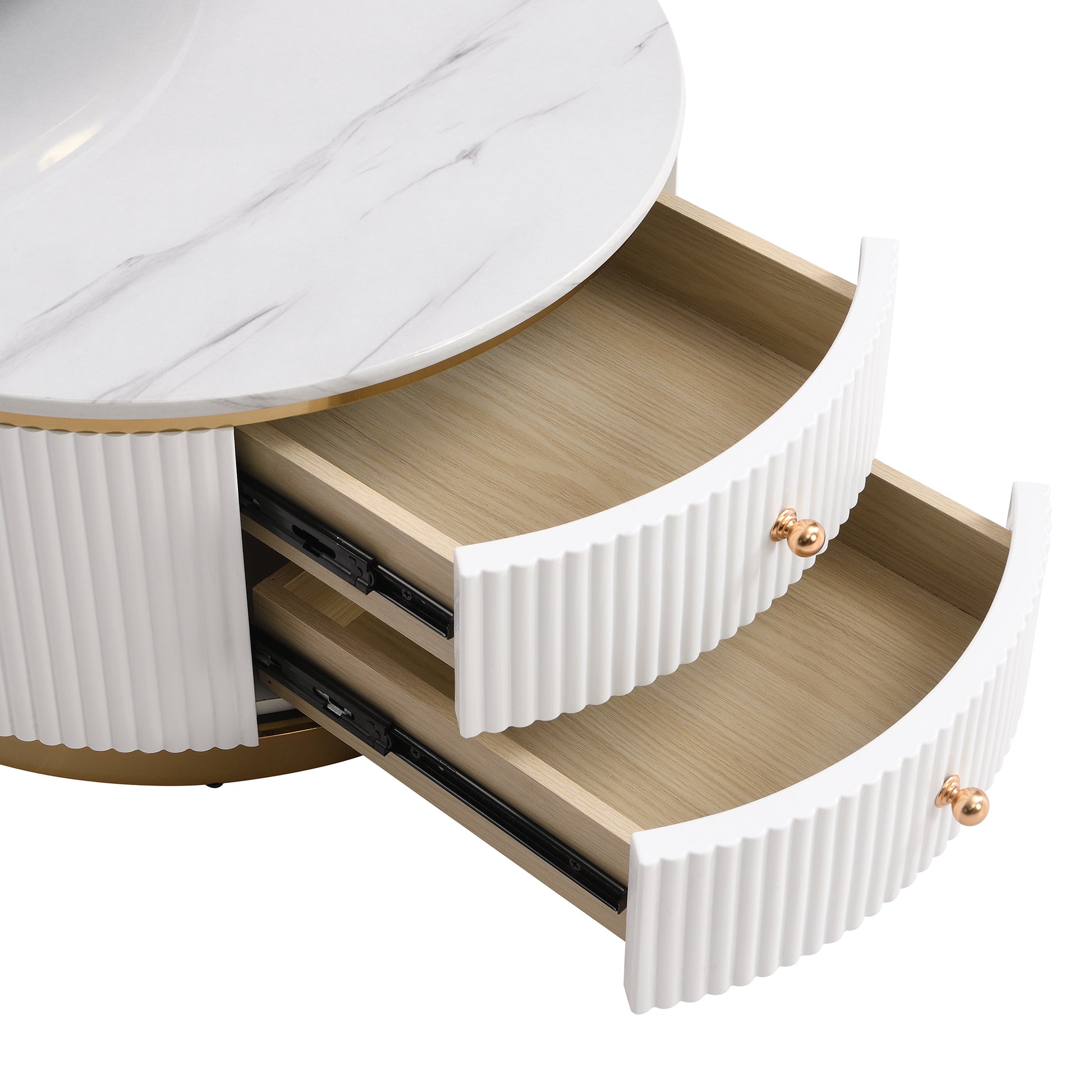 Modern 2 Pieces White Round Nesting Coffee Table With Drawers In 27.6'' Gold White Drawers Coffee & End Tables Glossy Round Metal Mdf Pedestal