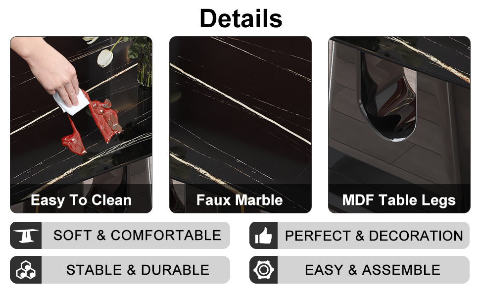 1 Table And 6 Chairs. Modern, Simple And Luxurious Black Imitation Marble Rectangular Dining Table And Desk With 6 Black Pu Gold Plated Leg Chairs 63'' X 35.4'' X 30'' Black Mdf